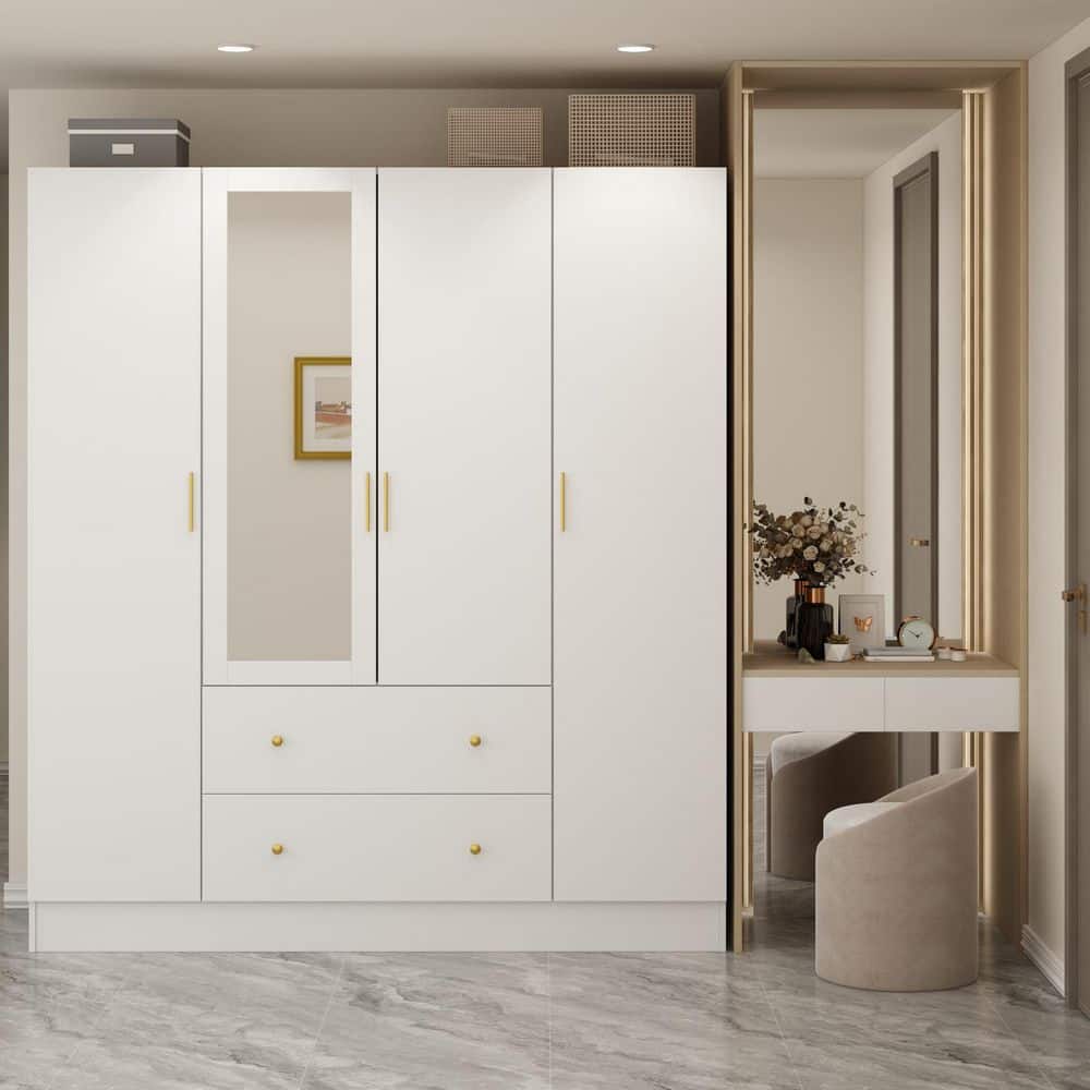 White 4-Door Armoires with Mirror, 2 Hanging Rods, 2-Drawers and Storage Shelves (19.7 in. D x 63 in. W x 70.9 in. H) - thumbnail 4