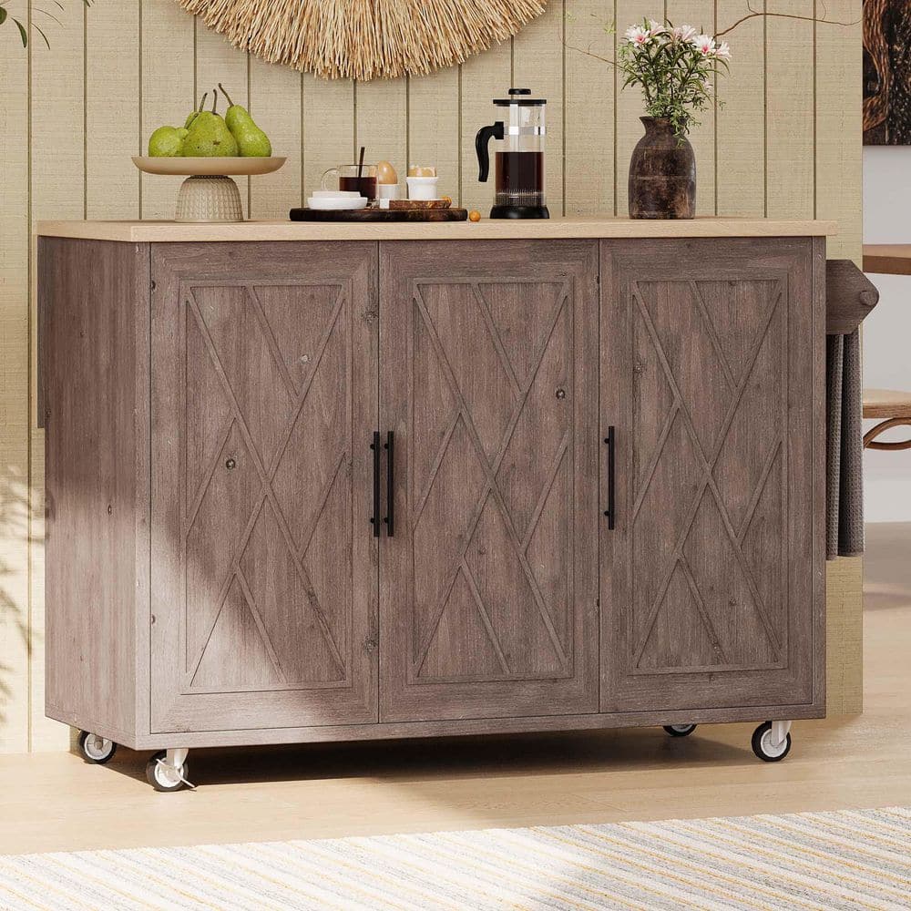 Brown Wood 51.2 in. Kitchen Island with Drop Leaf and Storage Cabinet, Port