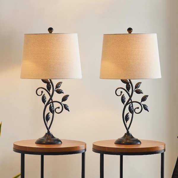 Maxax Chicago 26 in. Black Bedside Table Lamp with Oatmeal Flax Lampshade (Set of 2)