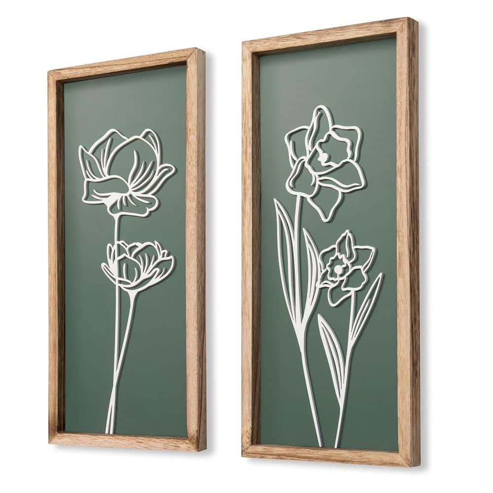 2 Piece Wood Framed Floral 3D Wall Art Print 16 in. x 7 in