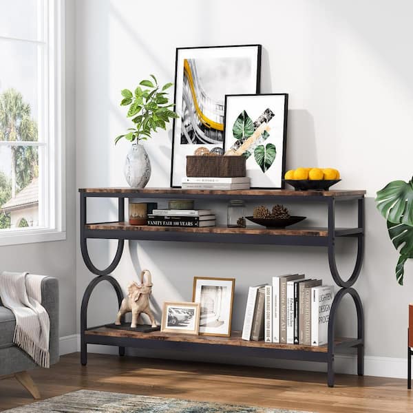 TRIBESIGNS WAY TO ORIGIN Benjamin 55 in. Rustic Brown Standard Rectangle Wood Console Table with 3 shelves For Home Living Room Entryway