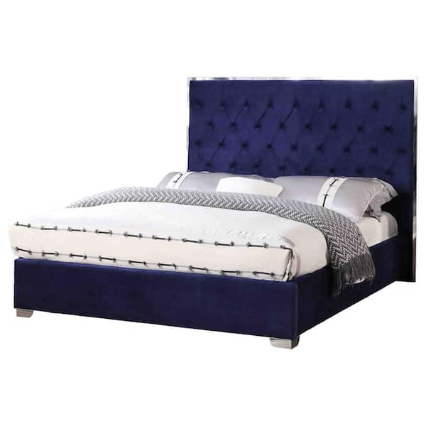 Best Master Furniture Demarcus Blue Velour Upholstered Queen Bed