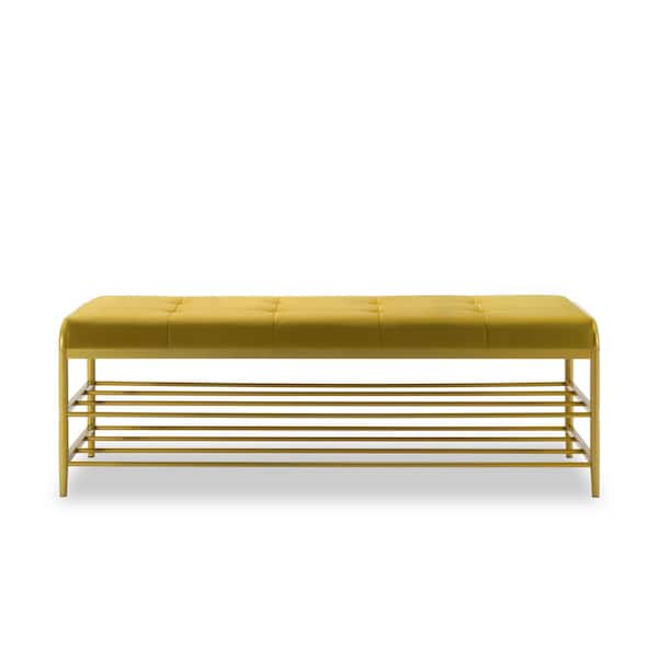 Tidoin 17.72 in. H x 55.12 in. W Yellow Metal Shoe Storage Bench with Velvet Upholstered
