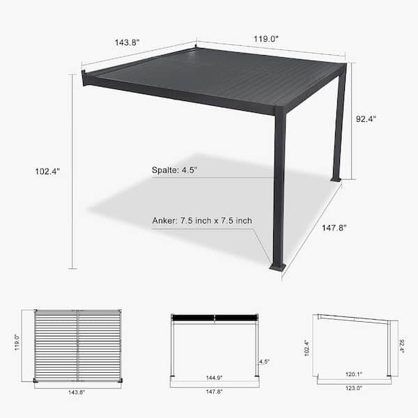 10 ft. x 12 ft. Grey Aluminum Outdoor Wall-mounted Louvered Pergola with Individual Adjustable Sunshade Roofs
