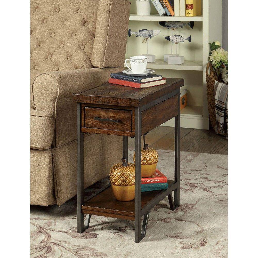 Urban Loft 24" Wood and Metal Side Table with USB Port and Storage