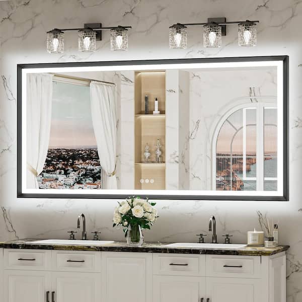 72 in. W x 36 in. H Rectangular Framed LED Lighted Bathroom Vanity Mirror with Light in Black with Backlit and Anti-Fog