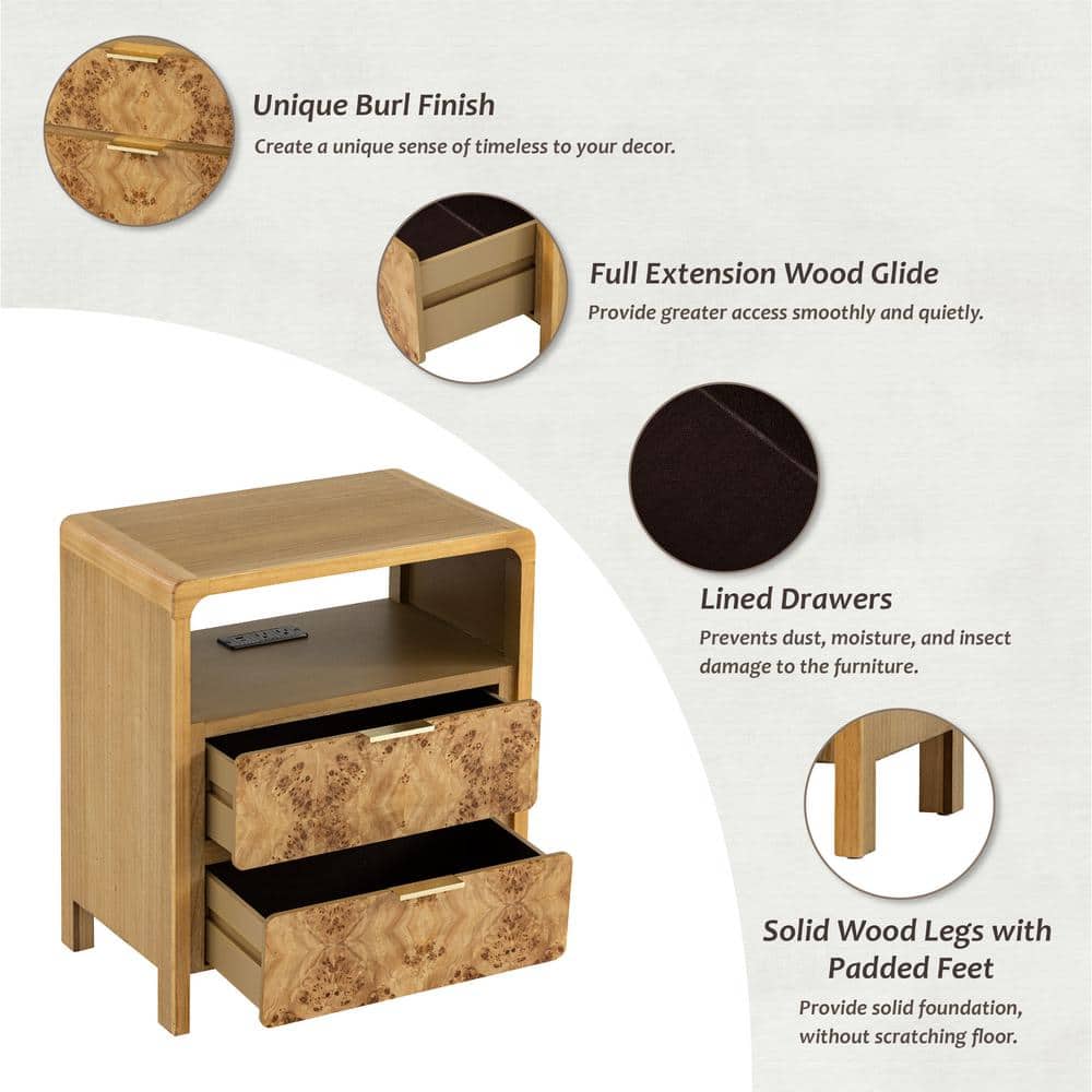 Natural Brown Wood 2-Drawer Nightstand with Charging Ports