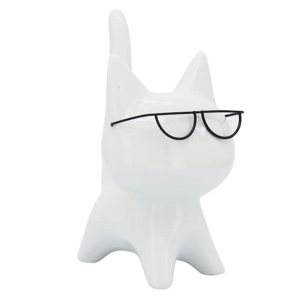 Liv & Skye White 4 in. x 8 in. Ceramic Kitty with Glasses Figurine