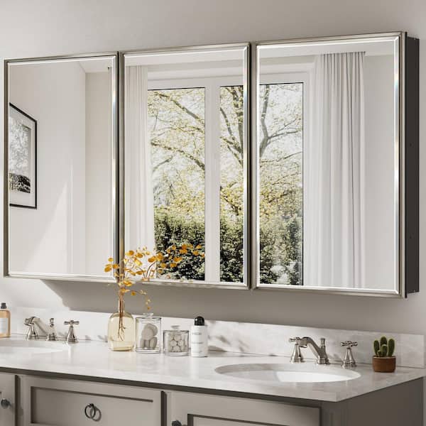 Musey 60 in W x 30 in H Brush Nickel Rectangular Aluminum Medicine Cabinet with Beveled Mirror, Recessed or Surface