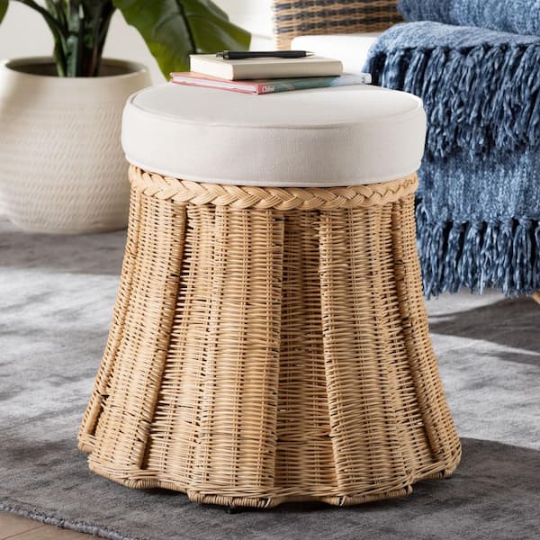Ying Natural Brown Rattan Ottoman with Fabric Cushion