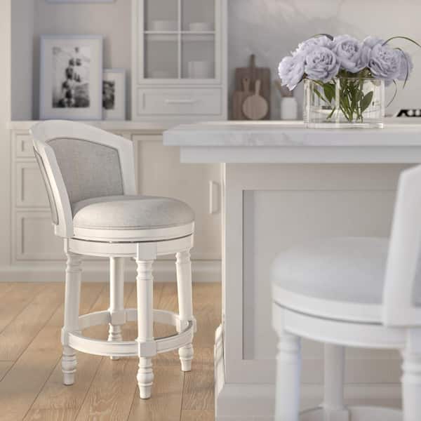 Emily 26 in. White Wood Barrel-Back Counter-Height Swivel Bar Stool with Grey Upholstered Seat and Back