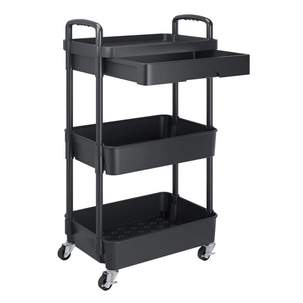 Black Metal 3-Tier Rolling Utility Storage Cart with Wheels