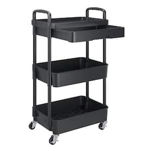 3-Tier Rolling Utility Serving Cart in Black with Drawer, Plastic Shelf and Metal Wheels