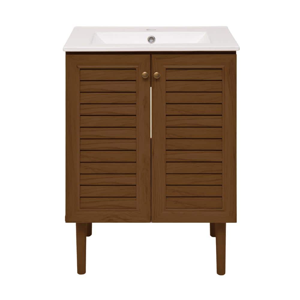 Bron 24" Brown Oak Freestanding Bathroom Vanity with White Sink Top