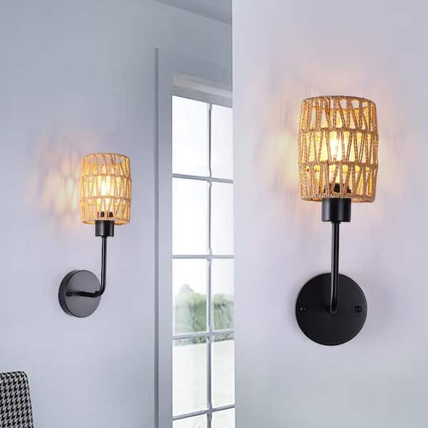 15.15 in. 1 Light Black Farmhouse Boho Wall Sconce with Brown Ratten Shade for Living Room Kitchen Bedroom (2-pack)