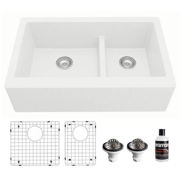 Karran Qa 760 Quartz Granite 34 In Double Bowl 60 40 Farmhouse A Front Kitchen Sink White With Grid And Strainer Wh Pk1 40 Farmhouse A Front Kitchen Sink, 40 Inch Farmhouse Sink