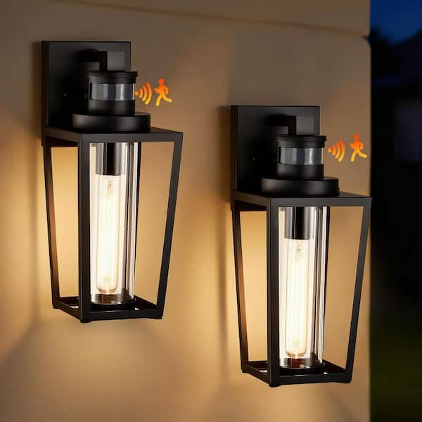 Edvivi 13 in. 1-Light Matte Black Motion Sensing Dusk to Dawn Non-Solar Cylinder Outdoor Wall Sconce with Clear Glass(2-Pack)