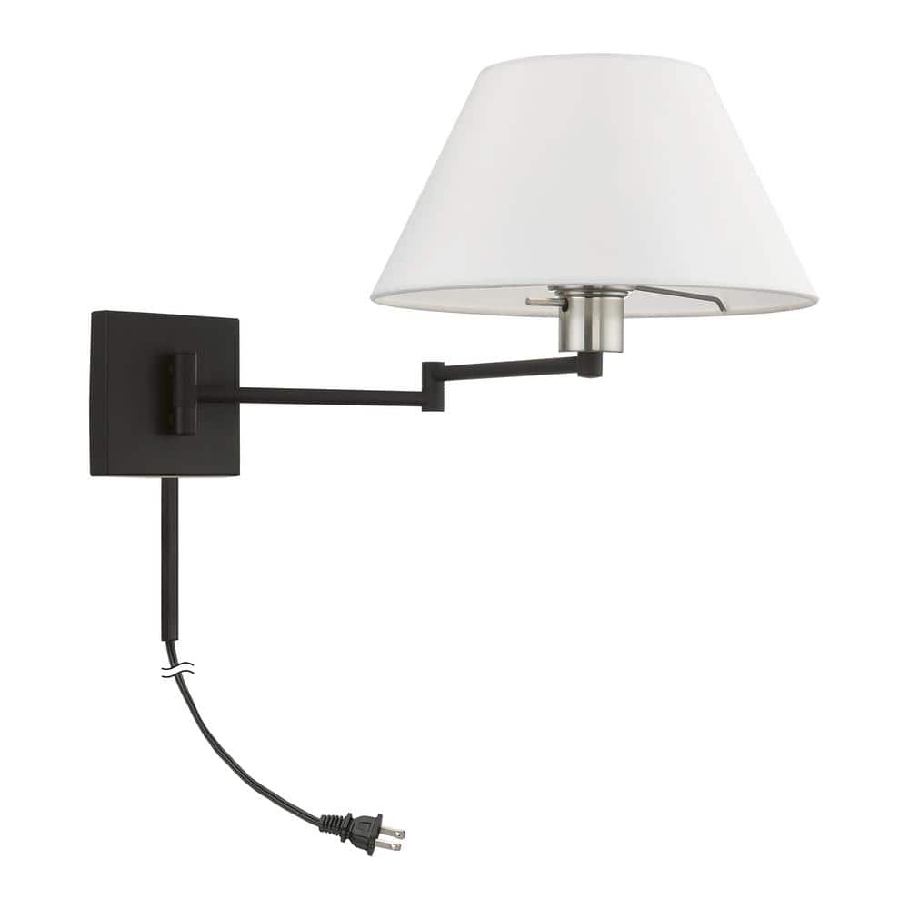 Black and Brushed Nickel Swing Arm Wall Sconce with Fabric Shade