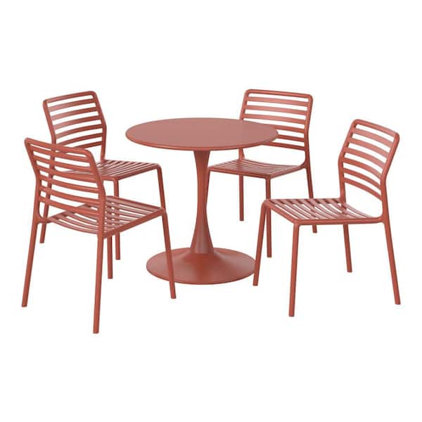 Frond and Form Outdoor Patio Modern 5-Piece Round HDPE Plastic Dining Table Set with Stackable Chairs, Red
