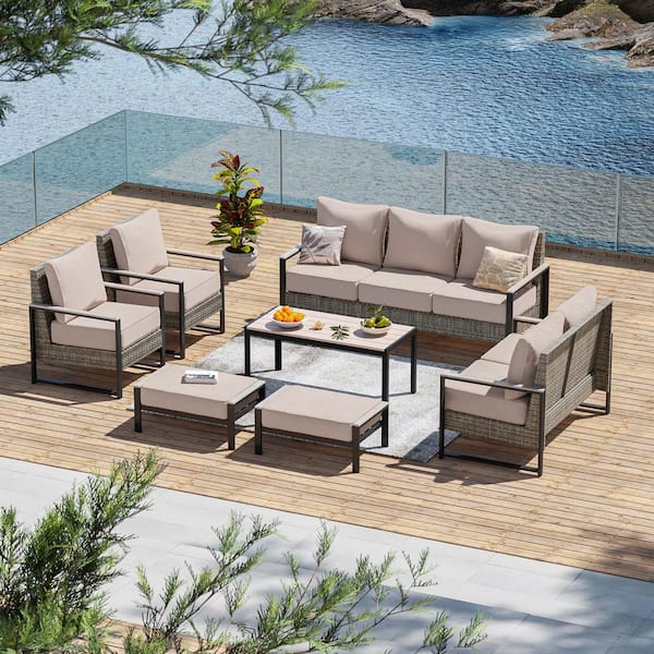 JOYESERY 7 Pieces Patio Conversation Set with Coffee Table and Ottomans Gray Wicker Loveseat Sofa with Sand Cushion