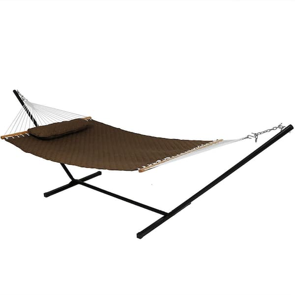 Sunnydaze 10-3/4 ft. Quilted Double Fabric 2-Person Hammock with Spreader Bars Pillow and Stand in Brown