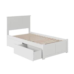 Nantucket White Twin XL Solid Wood Storage Platform Bed with Flat Panel Foot Board and 2 Bed Drawers