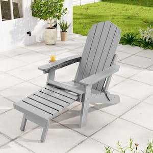 Outdoor Plastic Folding Adirondack Chair with Retractable Ottoman for Lawn, Light Gray, (Set of 1)