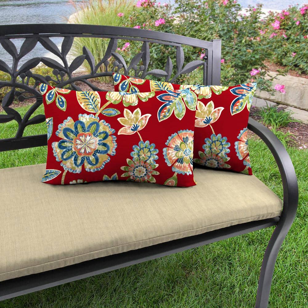 Set of 2 Red Floral Polyester Outdoor Lumbar Pillows