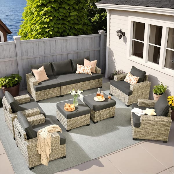 XIZZI Taylor 9-Piece Wicker Outdoor Patio Conversation Seating Set with Black Cushions