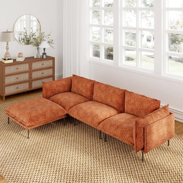 Robot Friendly 111 in. 4-Piece Tapered Arm Velvet Modular Sectional Sofa Couch with Ottoman, Metal High Leg in. Orange