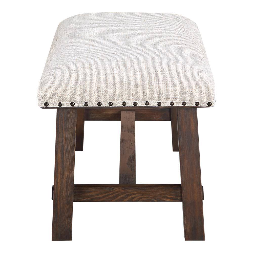Dark Walnut and Linen Bench with Antique Bronze Nailhead Trim