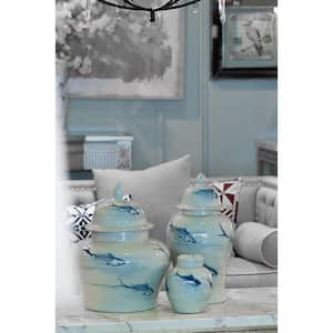 Gloss Blue, White Small Koi Jars with Lids (Set of 2)