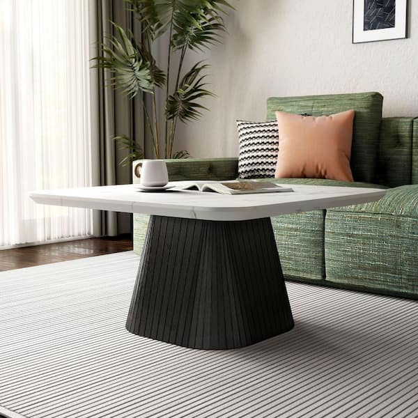 Jones 36 in. Black Square Faux Marble Top Coffee Table with Soft Curved Edges and Reeded Drum Base
