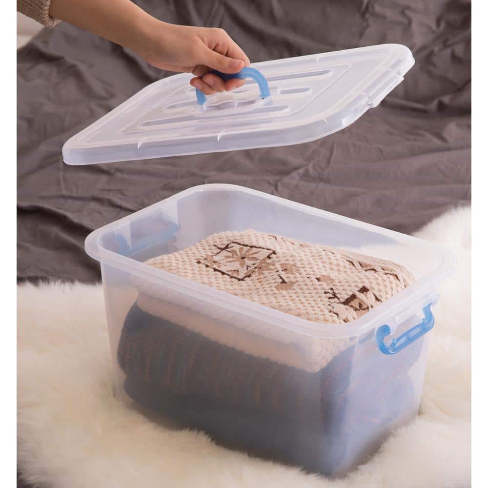 Large Clear Plastic Stackable Storage Box with Blue Handles