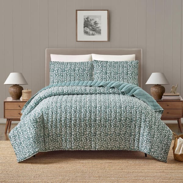 Floral Vine Silhouette 3-Piece Blue Block Print Cotton Voile Full/Queen Quilt Set