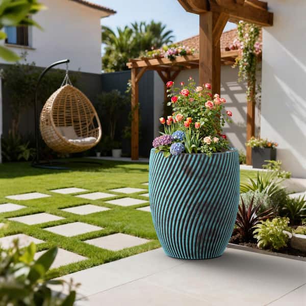 21 in.W x 23.5 in.H Tall Round Concrete Flower Plant Pot with Turquoise Stripes Extra Large Planter with Drainage Holes