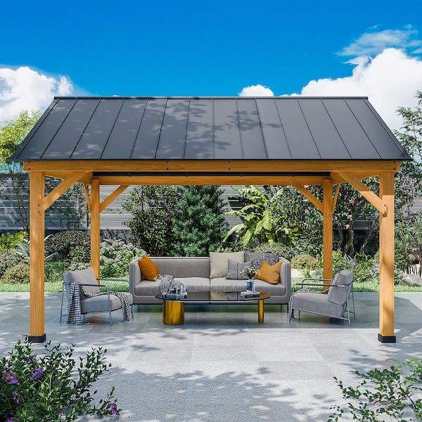 15 ft. x 13 ft. Cedar Wood Patio Gazebo with Black Galvanized Steel Roof and Ceiling Hook