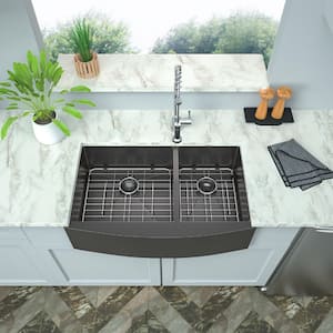 33 in. Farmhouse/Apron-Front Double Bowl 16 Gauge Black Stainless Steel Kitchen Sink with Drainboard & Bottom Grid