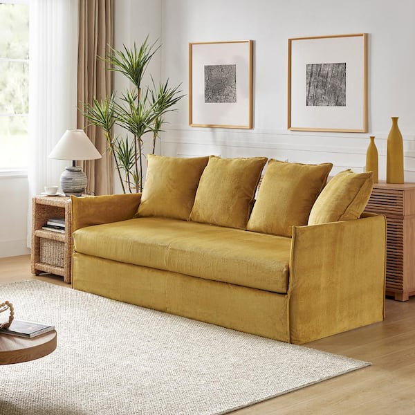 JAYDEN CREATION Severin 80.3 in. Square Arm Polyester Rectangle Slipcovered Sofa in Mustard