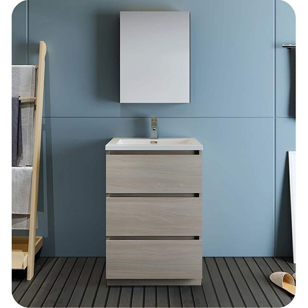 Gray Wood 24" Freestanding Bathroom Vanity with White Acrylic Top