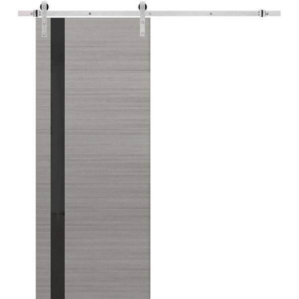Sartodoors 24 in. x 96 in. 1 Panel Frosted Glass Gray Ash Solid Wood Sliding Barn Door with Hardware Kit
