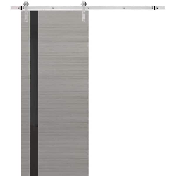 Sartodoors 28 in. x 96 in. 1 Panel Frosted Glass Gray Ash Solid Wood Sliding Barn Door with Hardware Kit