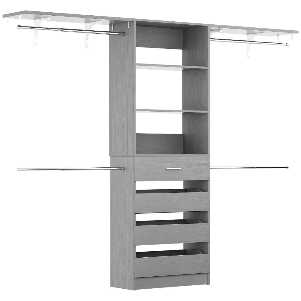 60 in. W - 96 in. W Reach-In Tower Wall Mount 4 Rods Wood Closet System With Shelves and 4 Half Open Drawers Gray