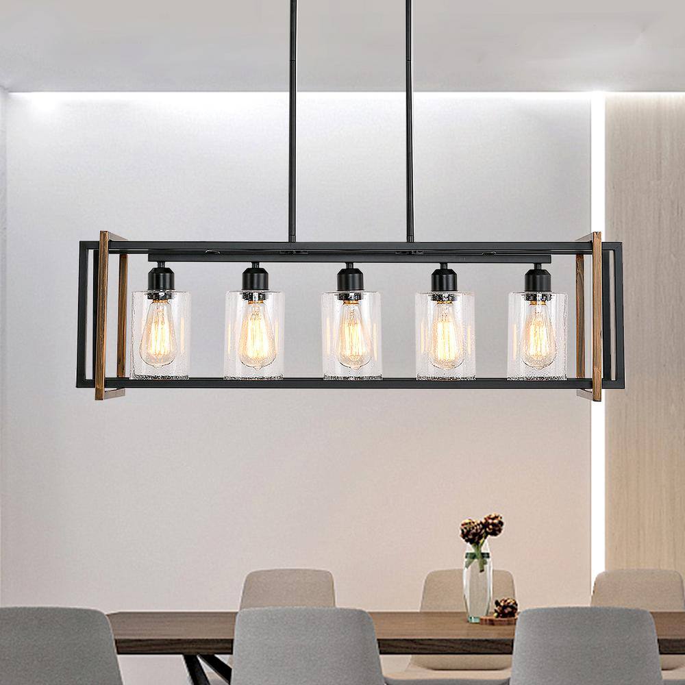 HuixuTe 5-Light Farmhouse Pendant Light - Black, Adjustable Height, Rustic Kitchen Island Lighting