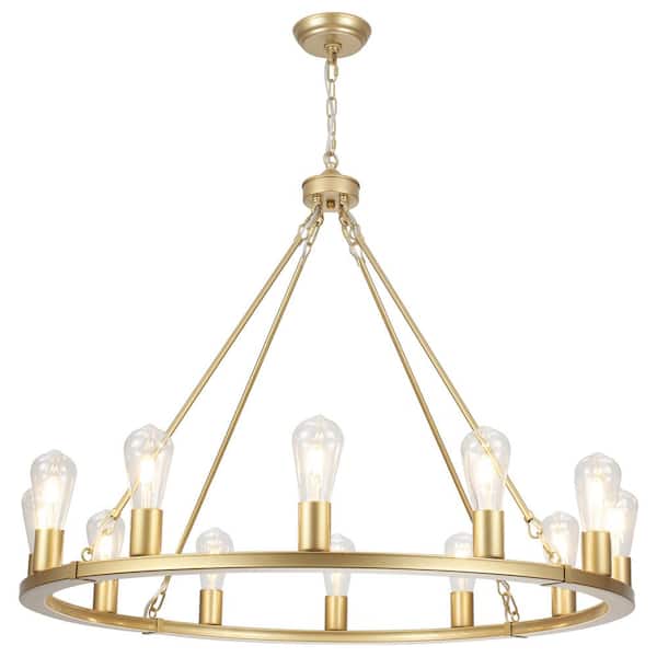 60-Watt 12-Light Gold Farmhouse Wagon Wheel Chandelier, No Bulb Included