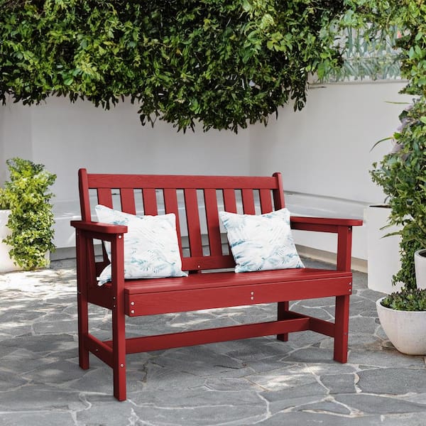 JEAREY Garden Bench All-Weather HDPE 2-Person Plastic Outdoor Bench in Dark Red