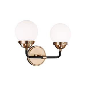Cafe 14 in. W 2-Light Satin Brass Vanity Light with Etched/White Glass Shades and Matte Black Frame Accents