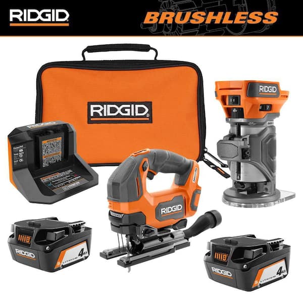 RIDGID 18V Brushless Cordless 2-Tool Combo Kit with Jig Saw, Router, (2) 4.0 Ah Batteries, and Charger