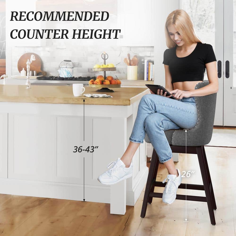 Gray Swivel Upholstered Counter Stool with Wood Frame