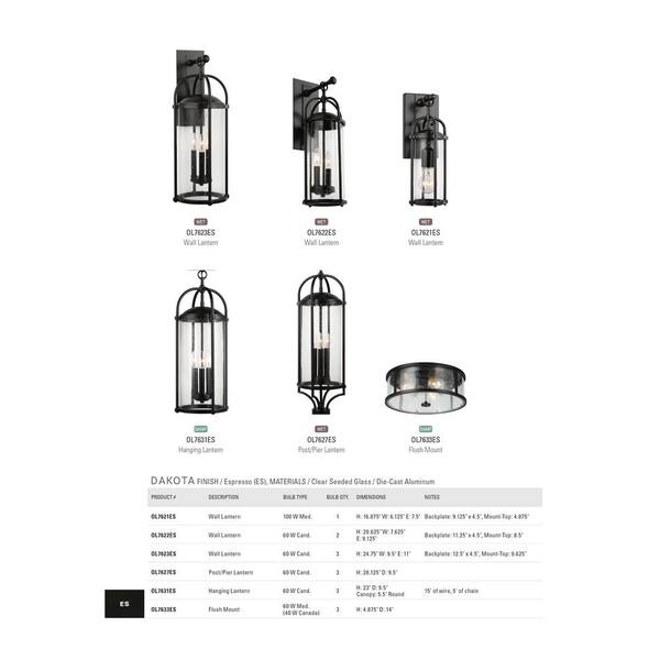 Generation Lighting - Dakota 1-Light Espresso Outdoor 16.875 in. Wall Lantern Sconce